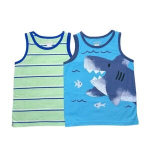 The Childrens Place Boys 3T 2 pack Shark Graphic & Striped Blue Green Tank Top